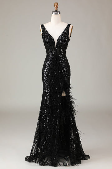 Abito da ballo a sirena con scollo a V Depp scintillante nero con piume
